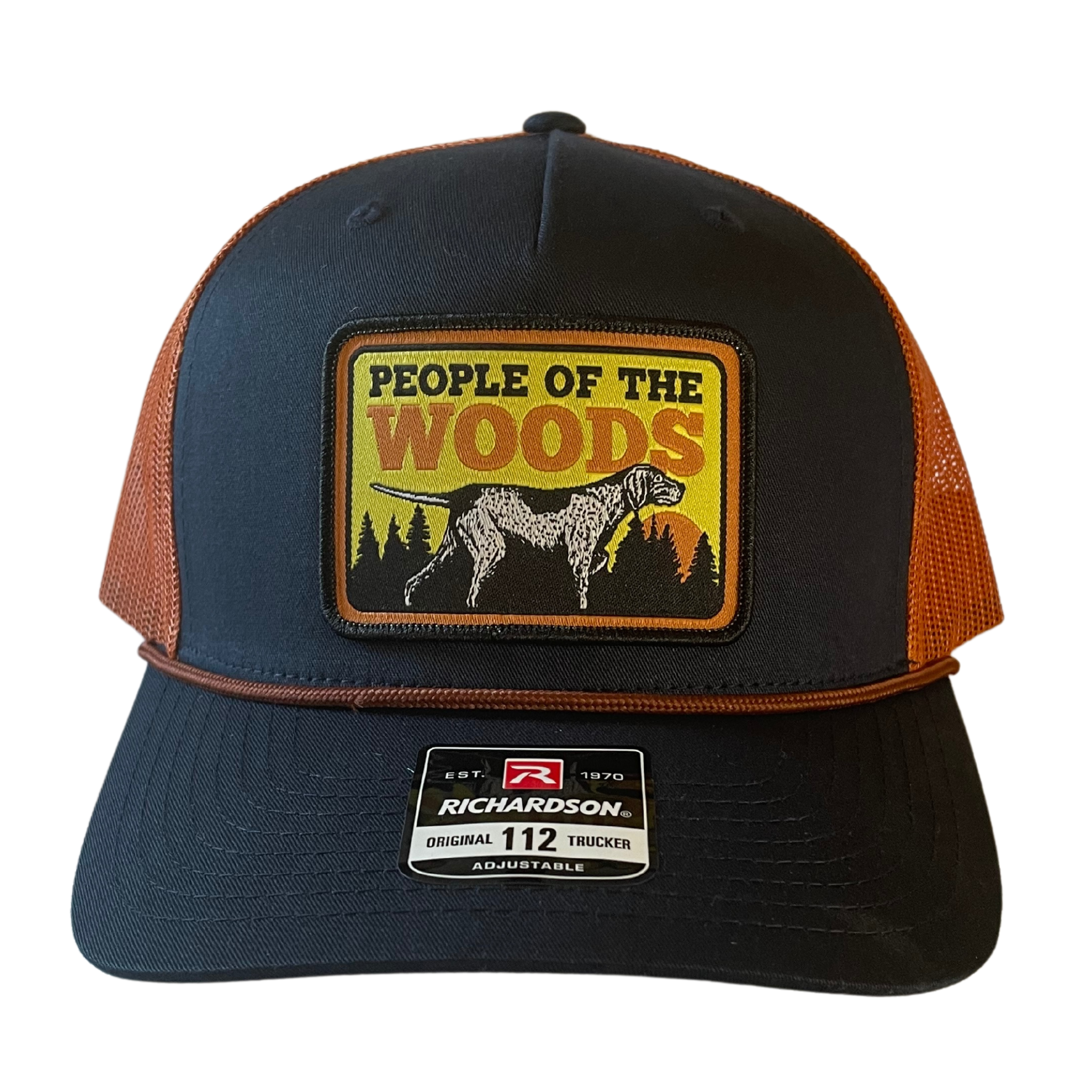 People of the Woods Pointer Navy Blue Orange Trucker Hat