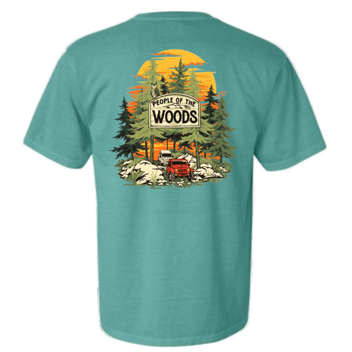 A teal green t-shirt featuring a graphic print of a Jeep in a forest setting with the text 'People of the Woods' and a sunset in the background.