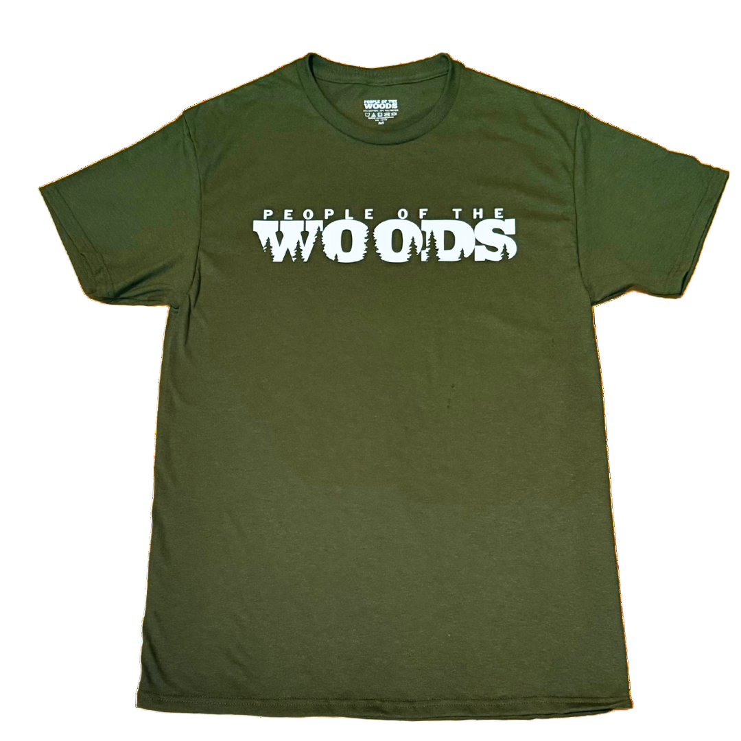 A green t-shirt with 'PEOPLE OF THE WOODS' text and a pine tree silhouette design in white.