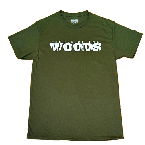A green t-shirt with 'PEOPLE OF THE WOODS' text and a pine tree silhouette design in white.
