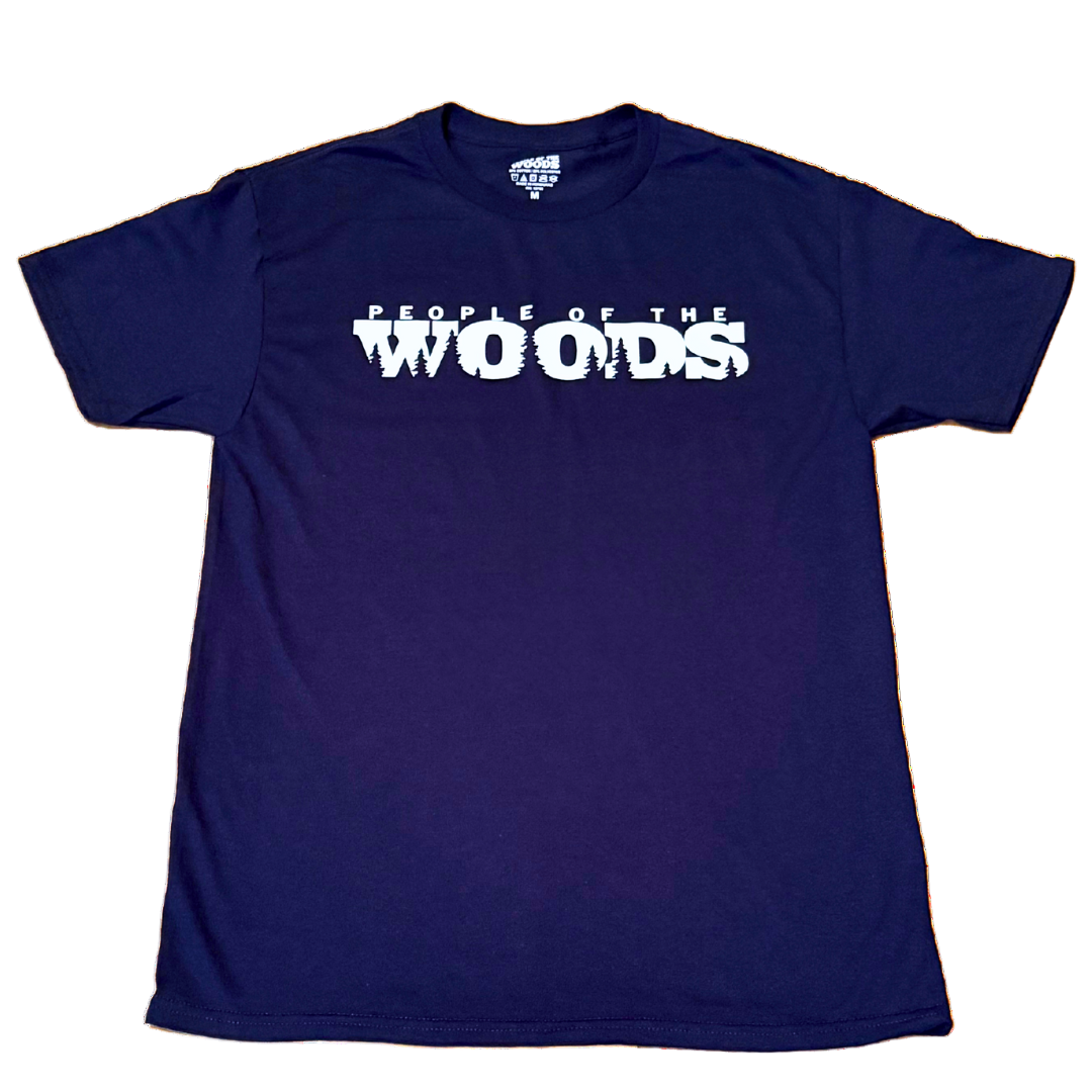 A navy blue t-shirt with 'PEOPLE OF THE WOODS' text and a pine tree silhouette design in white.