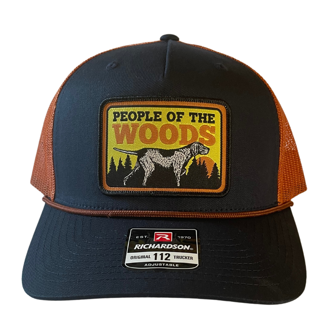 People of the Woods Pointer Navy Blue Orange Trucker Hat